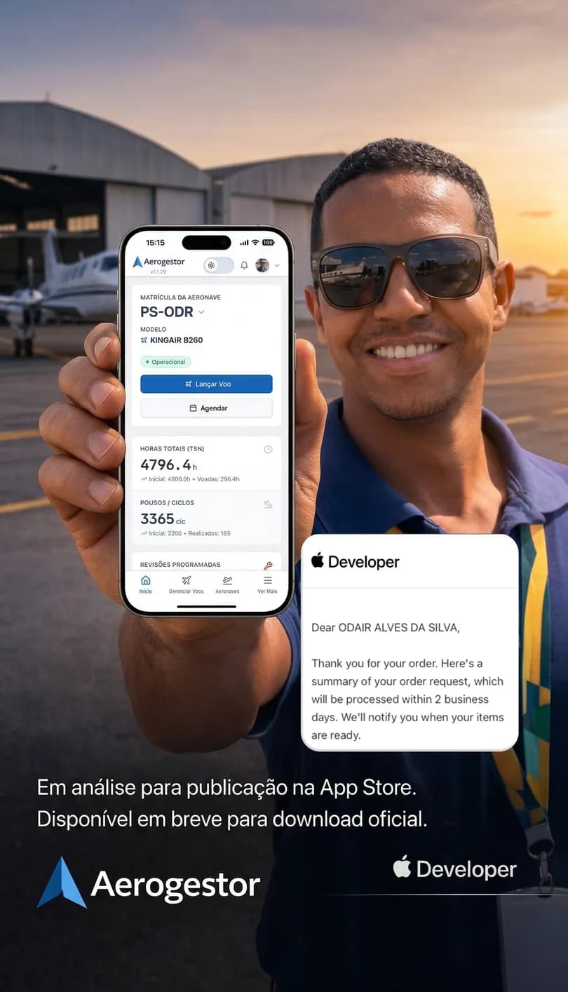 Odair Alves apresentando o Aerogestor no celular, em breve na App Store